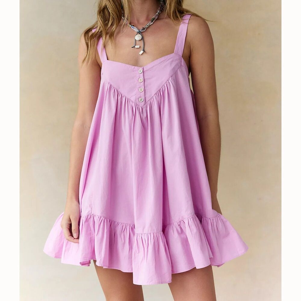 Free People Free-Est Heart Eyes Cotton Mini Dress Smocked Ruffle Soild S 291093